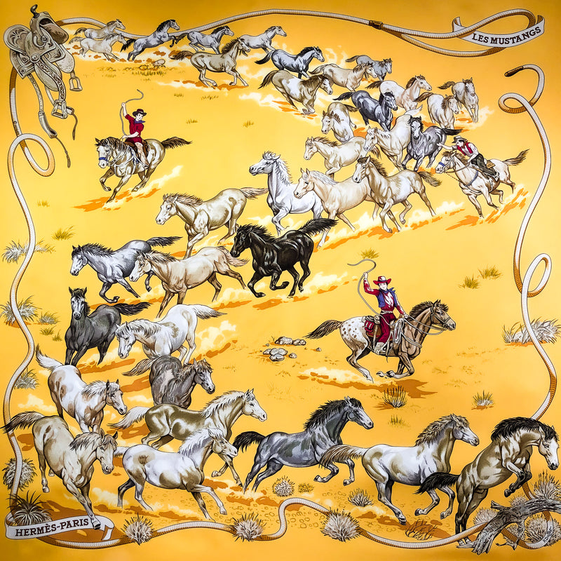Les Mustangs Hermes Scarf by Robert Dallet 90cm Silk Twill yellow