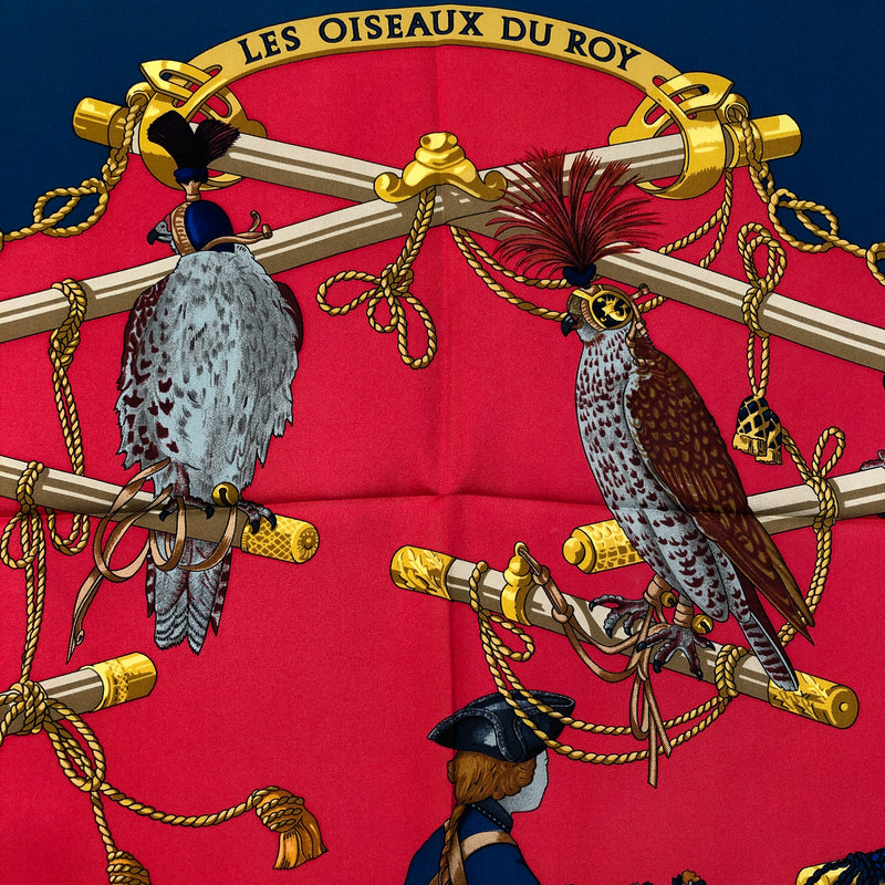 Les Oiseaux du Roy Hermes Scarf by Caty Latham 90 cm Silk Twill Red & Navy