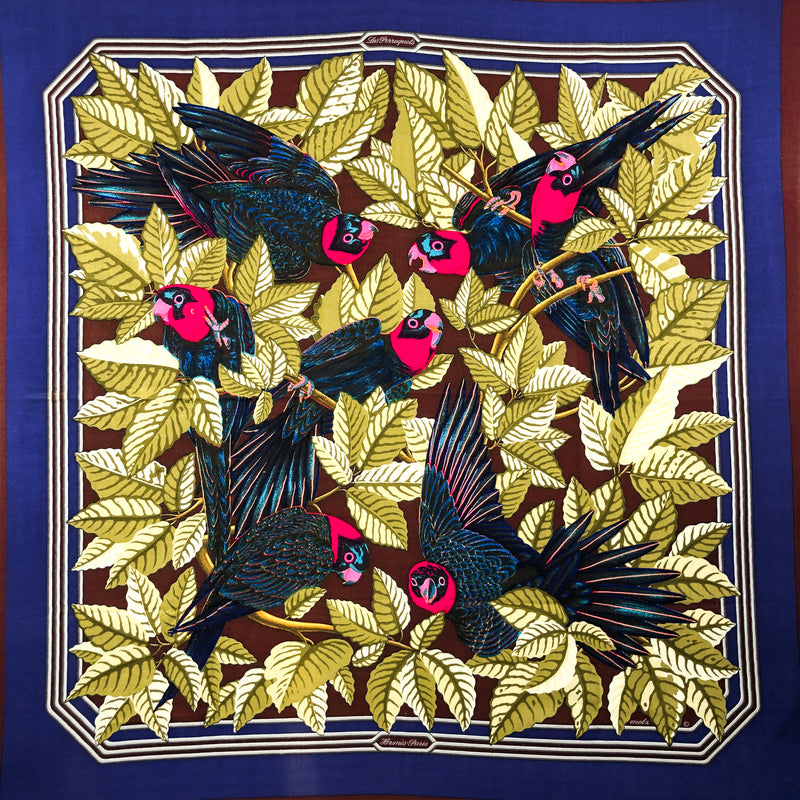 Les Perroquets Hermes Scarf by Joachim Metz RARE Early 90 cm Cashmere Silk Issue | Carre de Paris