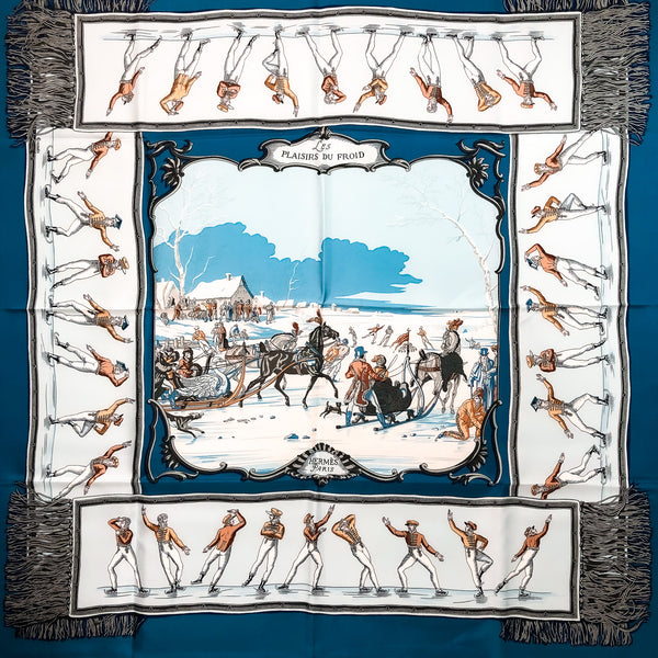 Les Plaisirs du Froid Hermes Scarf by Hugo Grygkar 90 cm Silk Twill Blue Col.