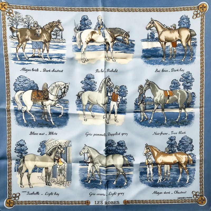 Hermes Navy & White Silk Square Horse Print Saddle Hand Rolled Scarf