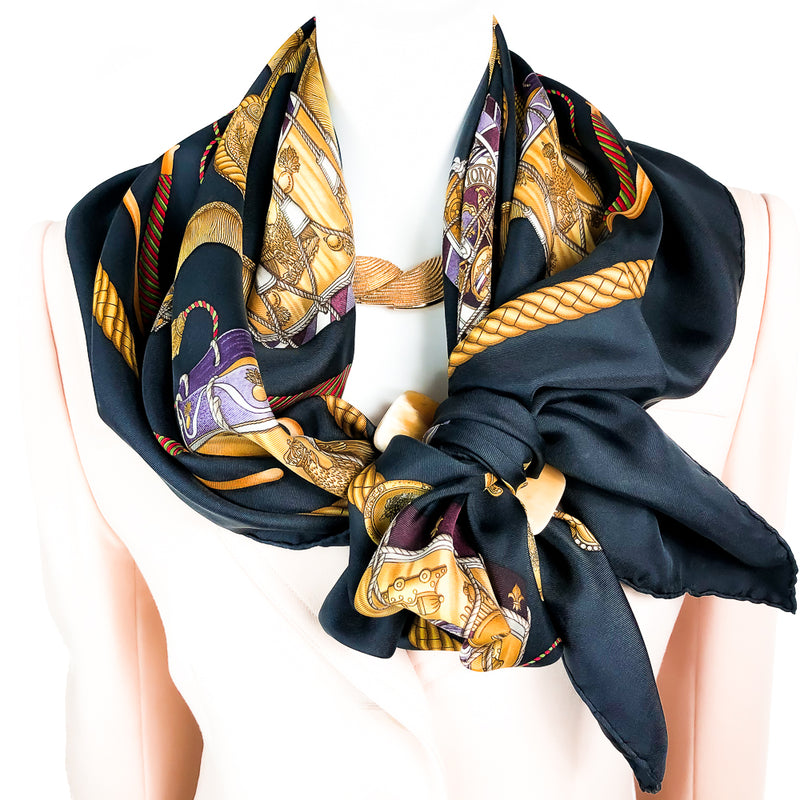 Black & Multicolor Hermes Les Tambours Printed Silk Scarf