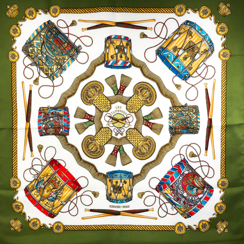Les Tambours Hermes Scarf - olive green  & white
