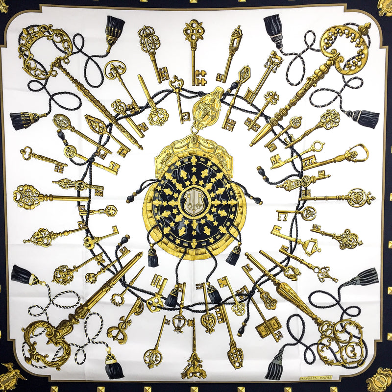 Les Cles Hermes Silk Scarf in white, black and gold