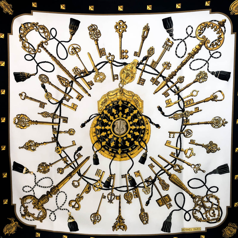 Les Cles Hermes Silk Scarf White and Black