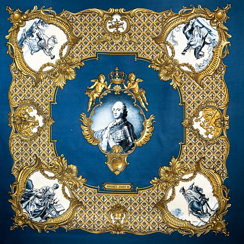 Louis XV Hermès Scarf by Philippe Ledoux 90 cm Silk Twill RARE Blue