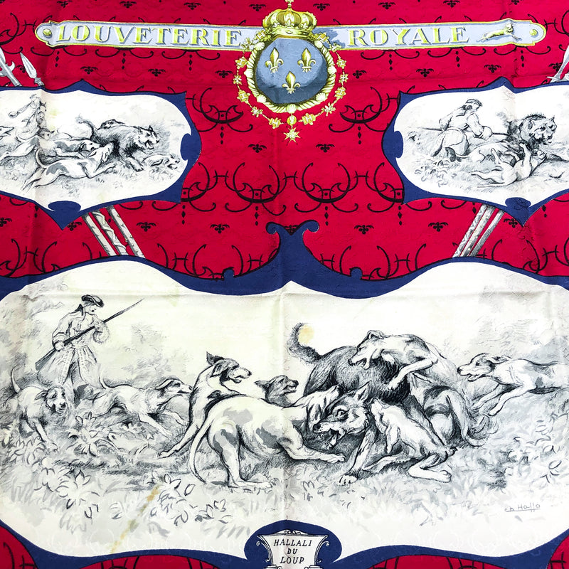 Louveterie Royale Hermes Scarf Jacquard Red and Blue - RARE