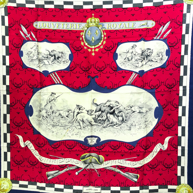 Louveterie Royale Hermes silk jacquard scarf in red, blue and off white