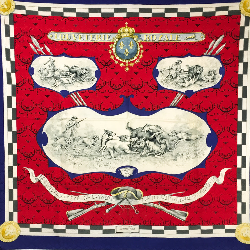 Louveterie Royale Hermes Scarf Jacquard Silk in red blue and gray 