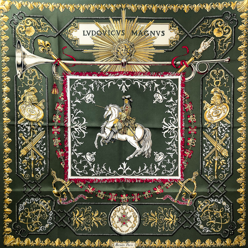 Ludovicus Magnus Hermes Scarf by Francoise de la Perriere 90 m Silk Twill Green