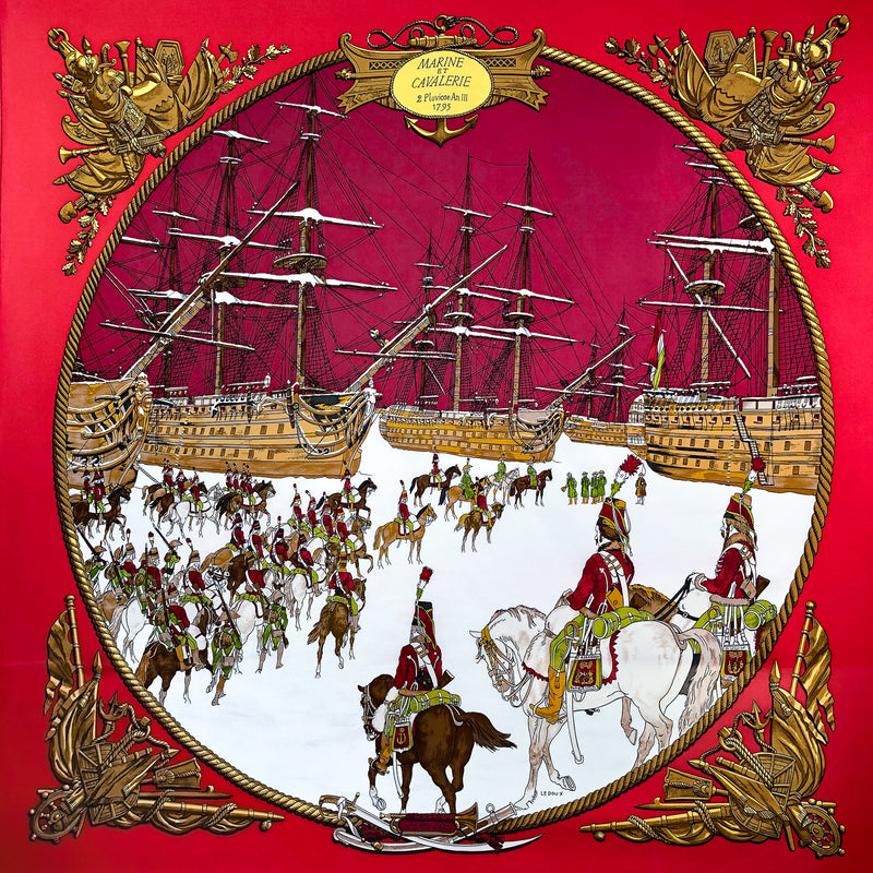 Marine et Cavalerie Hermes Scarf by Philippe Ledoux 90 cm Silk Twill RED