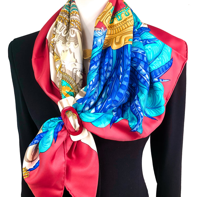 Mexique Hermes Scarf by Caty Latham 90 cm Silk Twill with Red Border | RARE