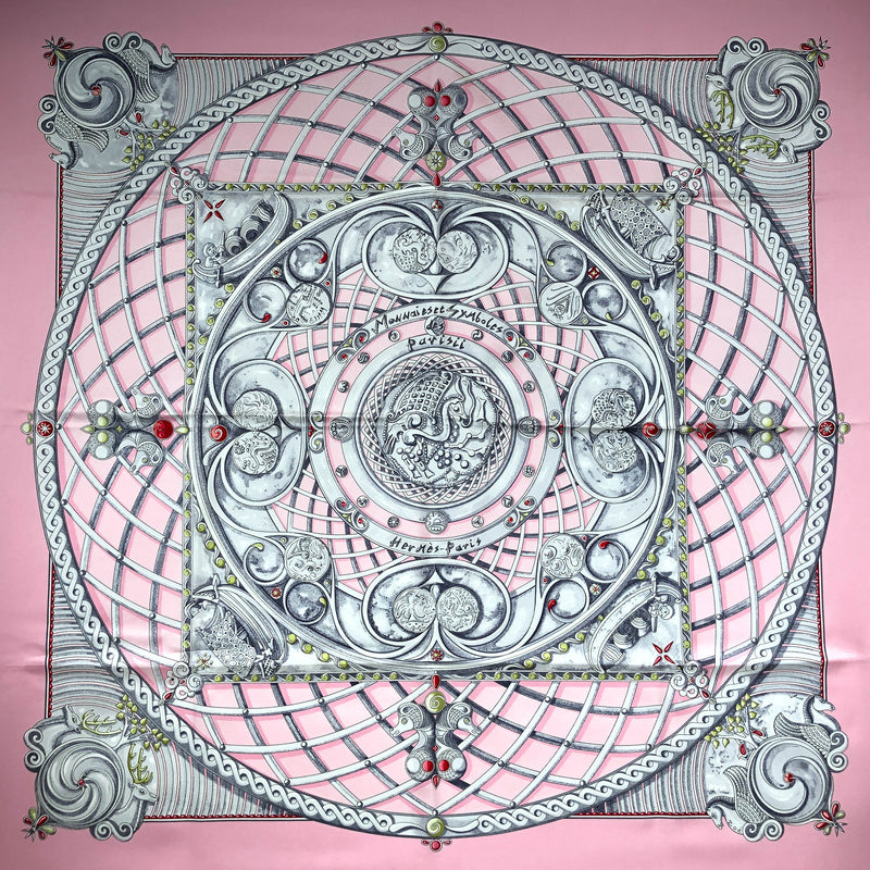 Pink Monnaies et Symboles des Parisii Hermes silk scarf