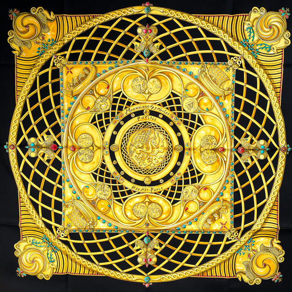 Monnaies et Symboles des Parisii Hermes Scarf By Zoe Pauwels 90 cm Silk Black | Gold MIB