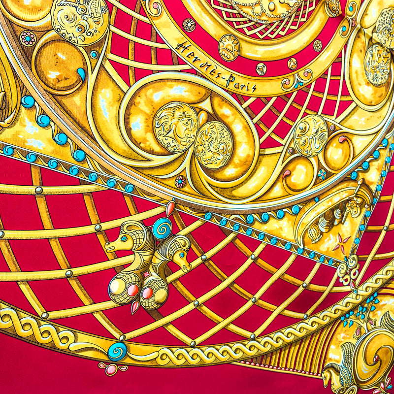 Monnaies et Symboles des Parisii Hermes Scarf By Zoe Pauwels 90 cm Silk Cherry Red CW