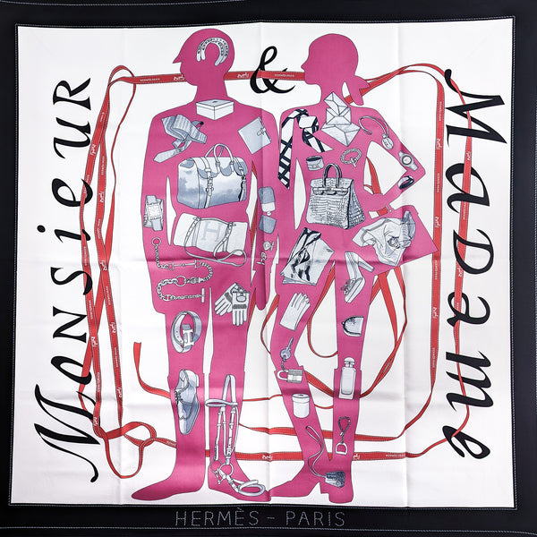 Monsieur & Madame Hermes Scarf 90 cm Silk Twill Pink & Black Col.