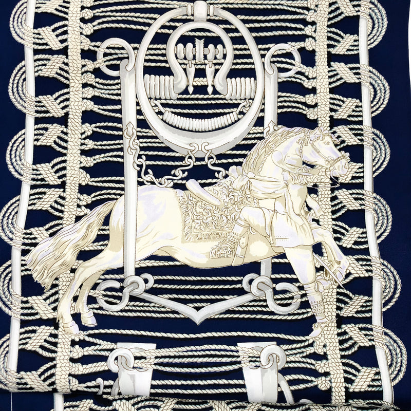 Mors et Gourmettes Hermes Reversible Silk Shawl by Henri d'Origny | Prussian Blue RARE