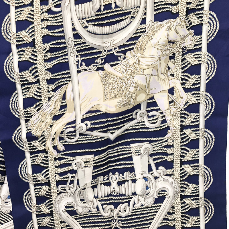Mors et Gourmettes Hermes Reversible Silk Shawl by Henri d'Origny | Prussian Blue RARE