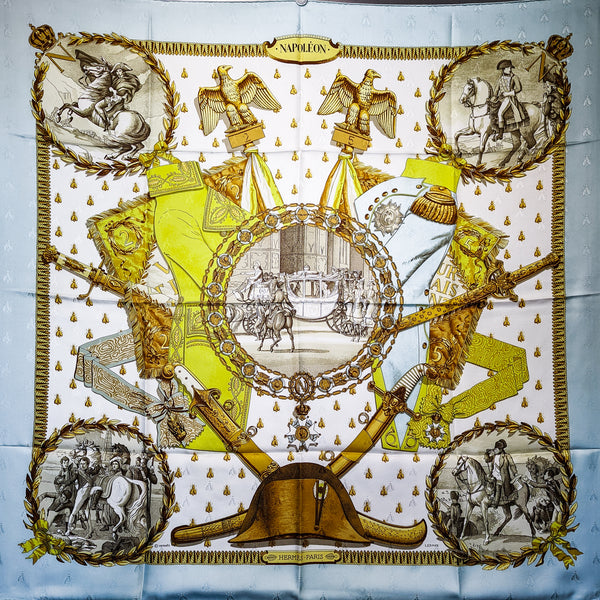 Napoleon Hermes Scarf by Philippe Ledoux 90 cm Silk Bee Jacquard Lt Blue/Chartreuse