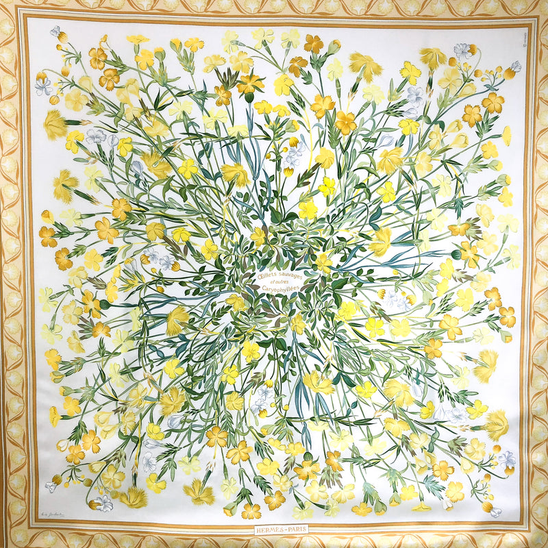 Oeillets Sauvages et Autres Caryophyllees Hermes Silk Scarf in yellow and white