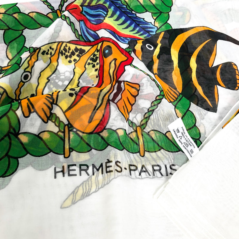 Hermes Cotton Pareo with a Fish Motive 158 cm x 178 white Background
