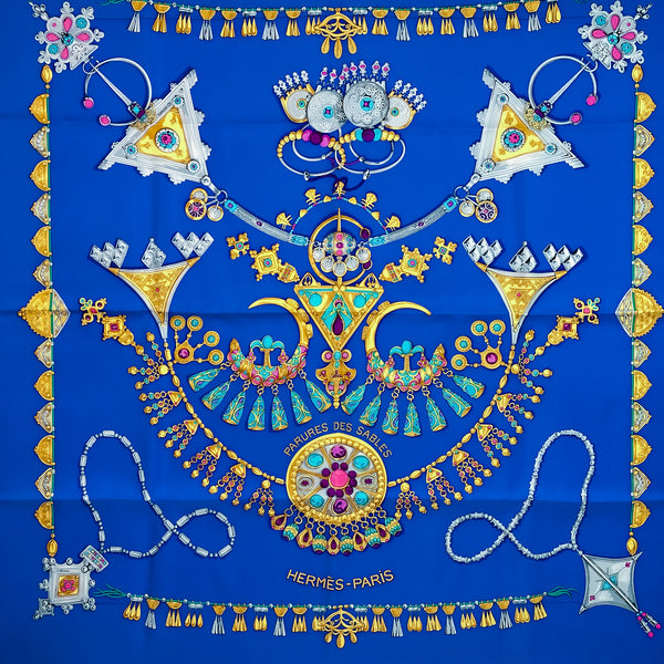 Parures des Sables Hermes Scarf by Toutsy 90 cm Silk Twill  Blue