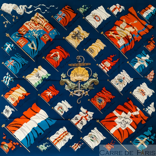 Pavois Hermes Scarf by Philippe Ledoux 90cm Silk Early Vintage Navy/Multi