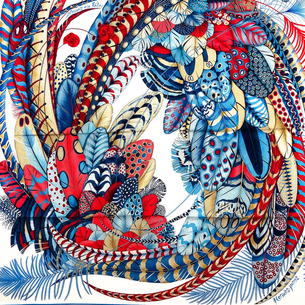 Plumes en Fete Hermes Scarf by Aline Honore 90 cm Silk Twill Multi