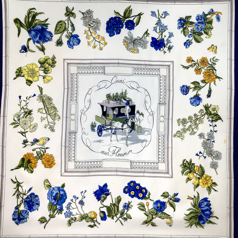 Quai aux Fleurs Hermes Scarf by Hugo Grygkar 90 cm Silk Twill Blue | White Early Issue