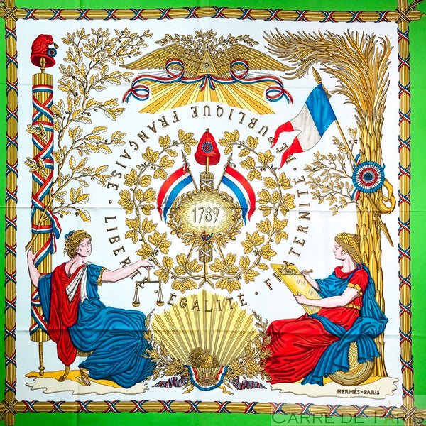 1789 - Republique Francaise Liberte Egalite Fraternite Hermes Silk Scarf Bright Green