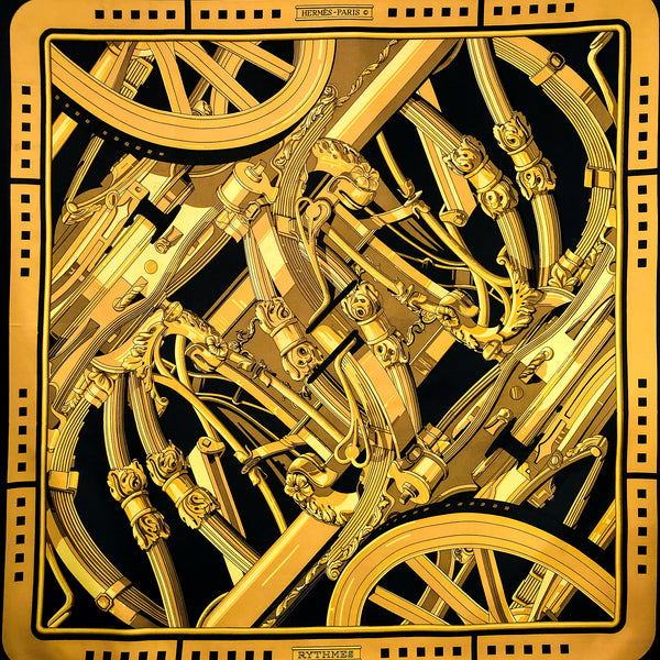 Rythmes Hermes Scarf by Caty Latham Silk Twill 90 cm Black & Gold