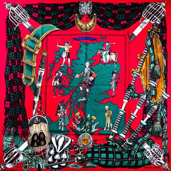 Scotland Hermes Scarf by Philippe Ledoux 90 cm Silk Twill red