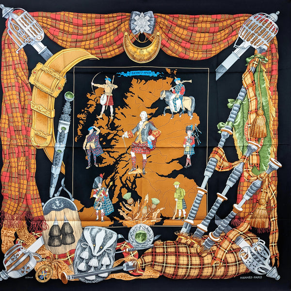 Scotland Hermes Scarf by Philippe Ledoux 90 cm Silk Twill Black/Brown