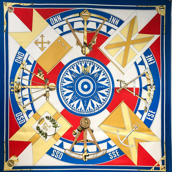 Sextants Hermes Scarf Sextants by Loïc Dubigeon 90 cm Silk Red, White & Blue