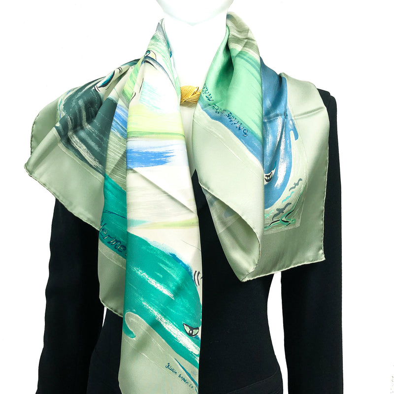Hermes Silk Scarf Smiles in Third Millenary in soft greens