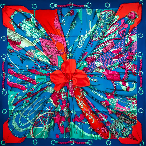 Soleil de Soie Hermes Scarf by Latham 90 cm Silk Blue & Red