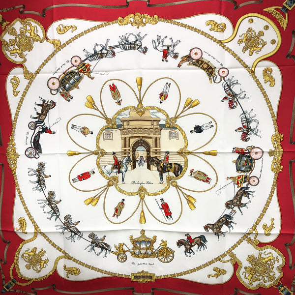 The Royal Mews Hermes Scarf by de Fougerolle 90 cm Silk Twill RARE Red Border