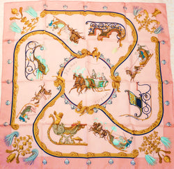 Vintage Hermes Jacquard Silk Scarf Plumes Et Grelots Pink 90 cm
