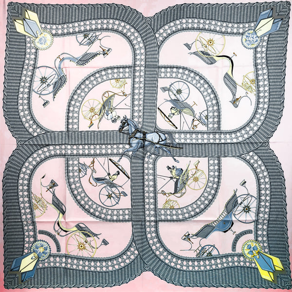 Voitures Paniers Hermès Scarf by Julia Abadie 90 cm Silk Pink & Grey 