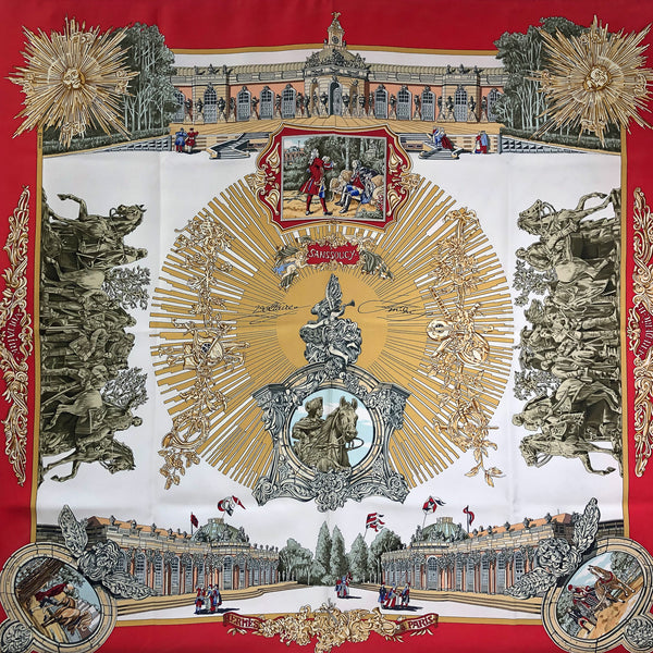 Voltaire or Sanssoucy Hermes Scarf by Loic Dubigeon 90 cm Silk Twill Red