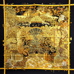 Jardins d'Hiver Hermes Scarf by Annie Faivre 90 cm Silk Twill Black & Gold Col.