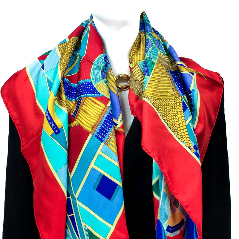  L'Art Indien des Plaines Hermes silk twill scarf in red, teal and yellow
