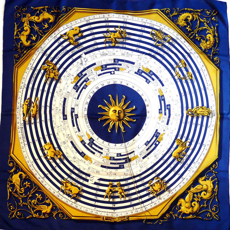 Authentic Vintage Hermes Silk Scarf Astrologie Dies et Hore Navy Early Issue