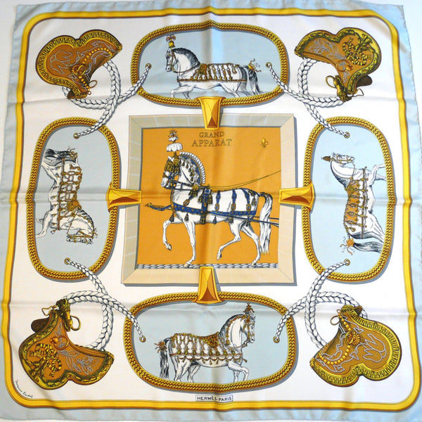 Hermes Silk Scarf Grand Apparat Light Early Issue Blue and White