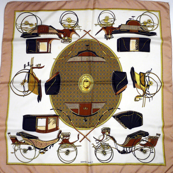 Vintage Hermes Silk Scarf Les Voitures a Transformation Beige